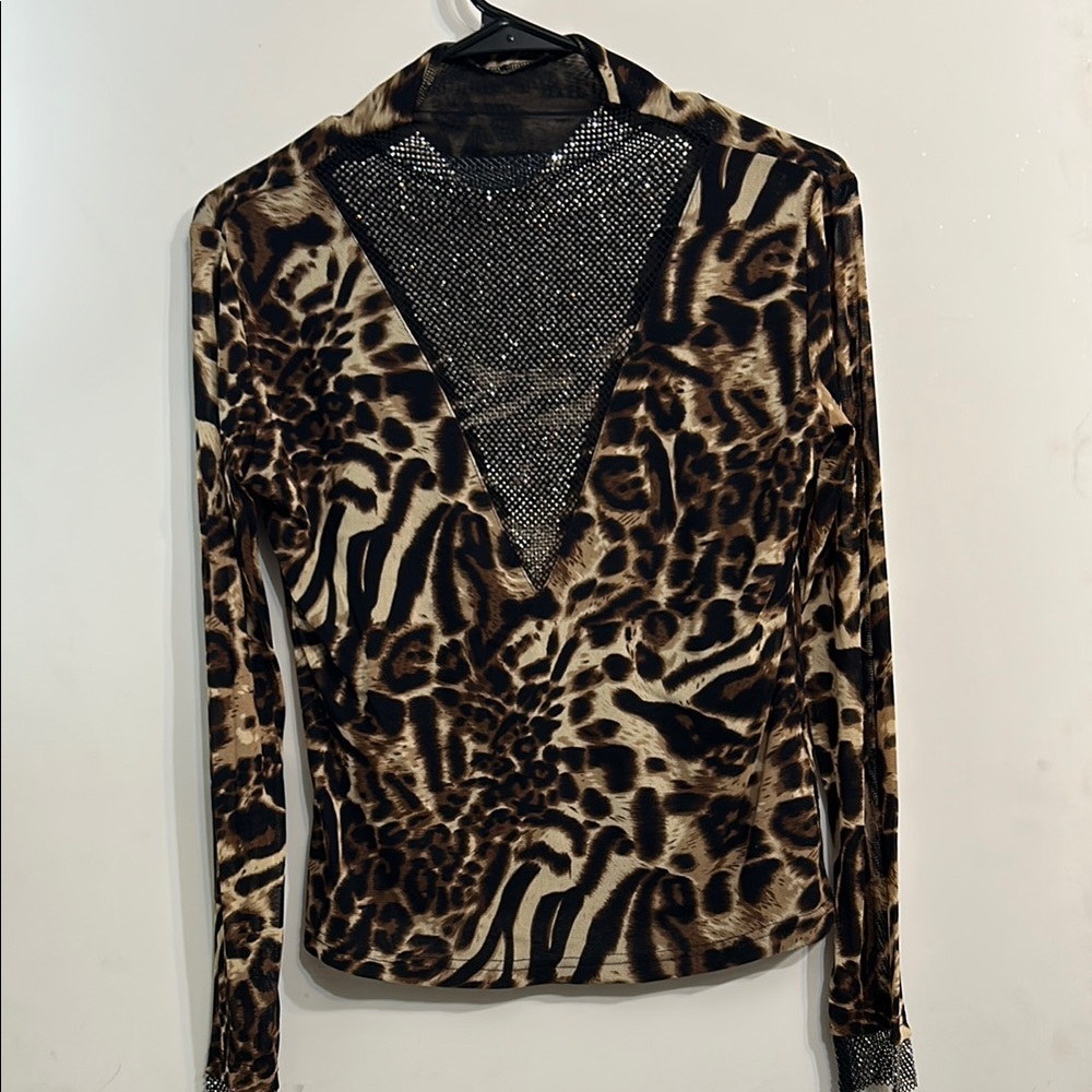 NWOT Leopard Print Mesh Detail Top